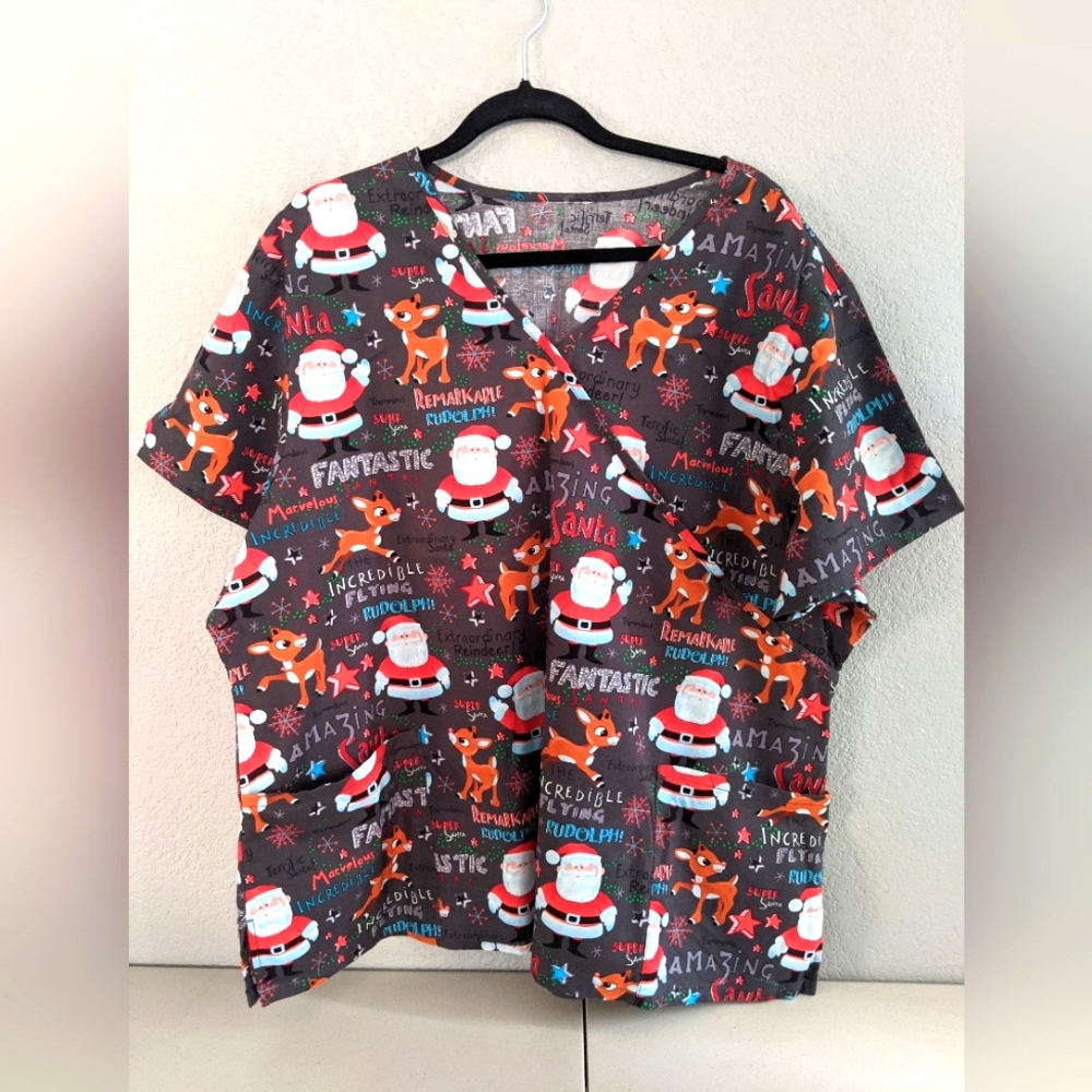 Holiday Festive Christmas Medical Office Uniform Scrub Top Costume Santa Rudolph